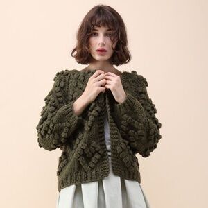 🍃💚 Chicwish Knit Your Love Heart Cardigan Army Green Cozy M EUC Boho Cotagecore